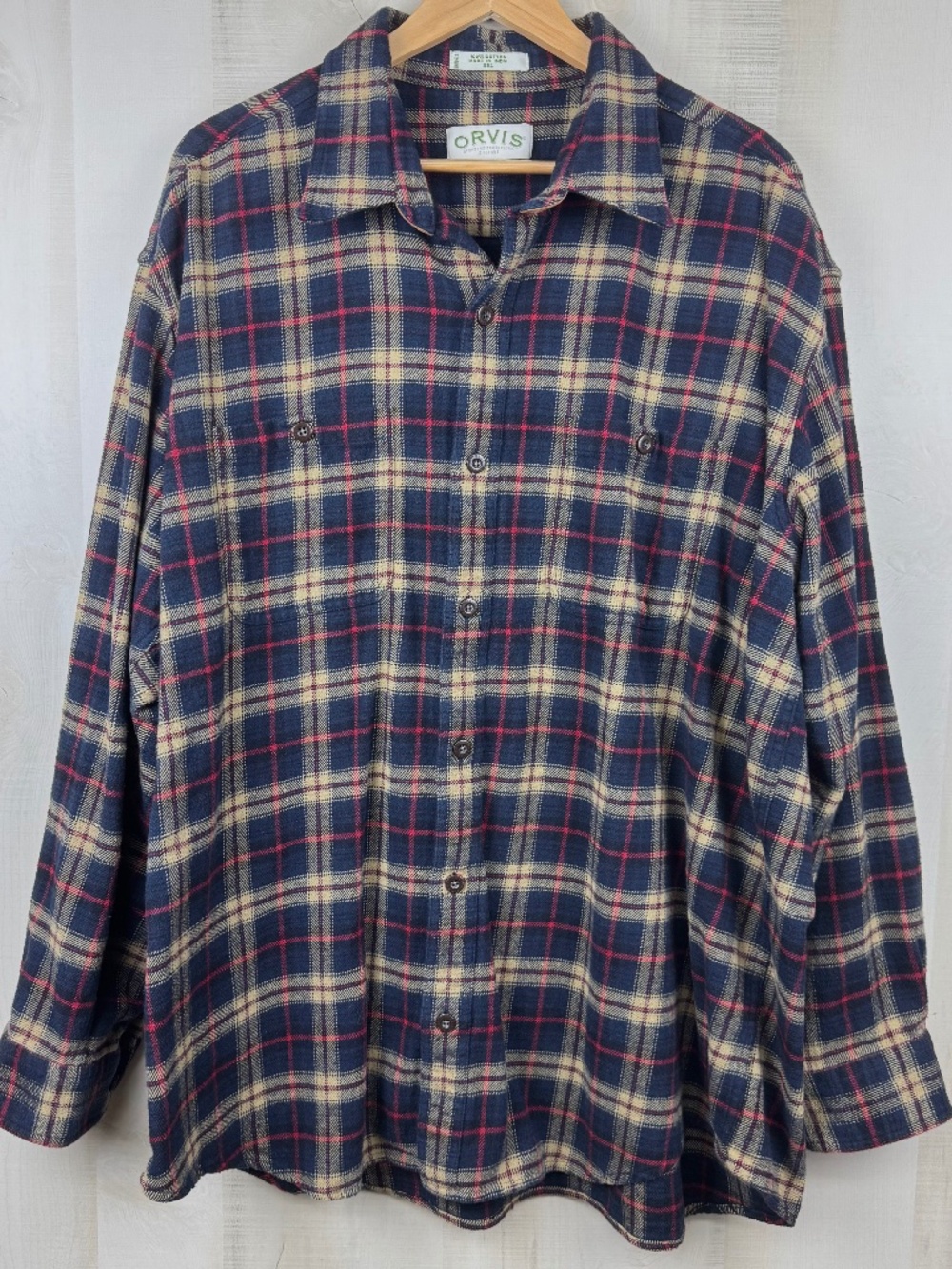 Orvis Mens Long Sleeve Button Up Flannel Shirt Navy Red Tan Tartan Plaid XXL